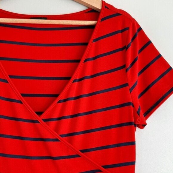 TORRID \ Faux Wrap Knee Length Midi Dress Stretch Jersey Knit Stripe Red Blue M - Picture 5 of 13